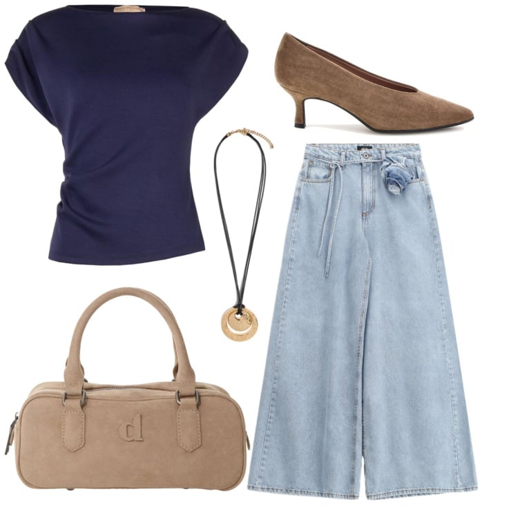 Outfit donna - Lunedì in ufficio. Stile Trendy per Ufficio. Abbinamento con borse a mano, jeans, top, ciondoli, décolleté.