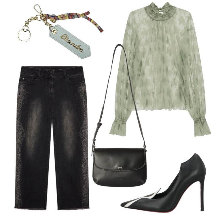 Outfit donna - Martedì a teatro. Stile Casual chic per Serata fuori. Abbinamento con décolleté, borse a tracolla, bluse, jeans, portachiavi.