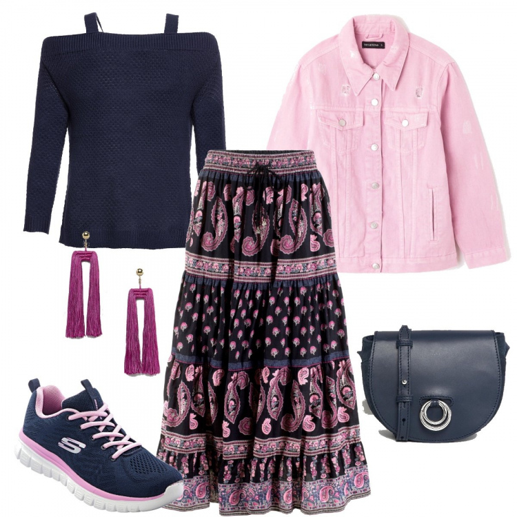 Outfit donna - Etnic pink. Stile Urban per Tutti i giorni. Abbinamento con gonne lunghe, pullover a coste con spalle scoperte blu e corda, sneakers, giacca jeans rosa, vestito petite con anello effetto scamosciato con cinturino in denim con tasca interna, orecchini pendenti farfalla in denim con nappine oro.