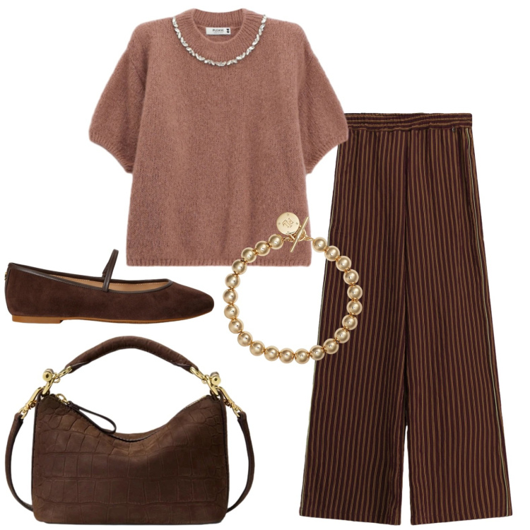 Outfit donna - Mercoledì in pizzeris. Stile Bon Ton per Serata fuori. Abbinamento con pantaloni a palazzo, maglieria, borse a spalla, braccialetti, ballerine.