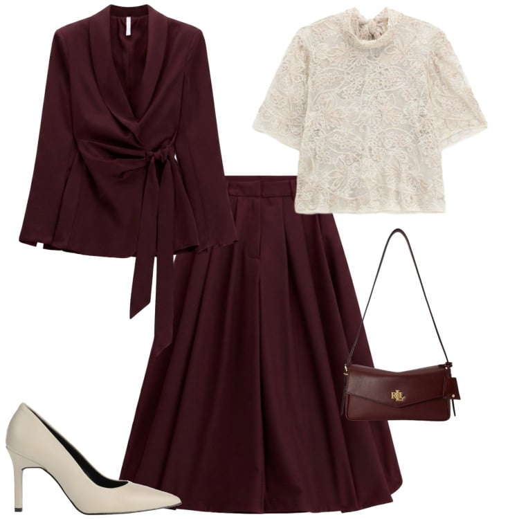 Outfit donna - Bon ton evento cerimonia serata. Stile Bon Ton per Tutti i giorni. Abbinamento con décolleté, pantaloni culotte, top, blazer, borse a spalla.