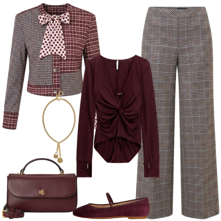 Outfit donna - L\'intramontabile principe di Galles. Stile Vintage retrò per Serata fuori. Abbinamento con body, blazer, pantaloni, ballerine, borse a mano, ciondoli.