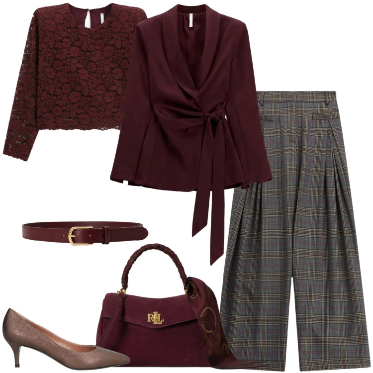 Outfit donna - Total look #2466309. Stile Chic per Ufficio. Abbinamento con décolleté, blazer, t-shirt, pantaloni a palazzo, cinture, borse a mano.
