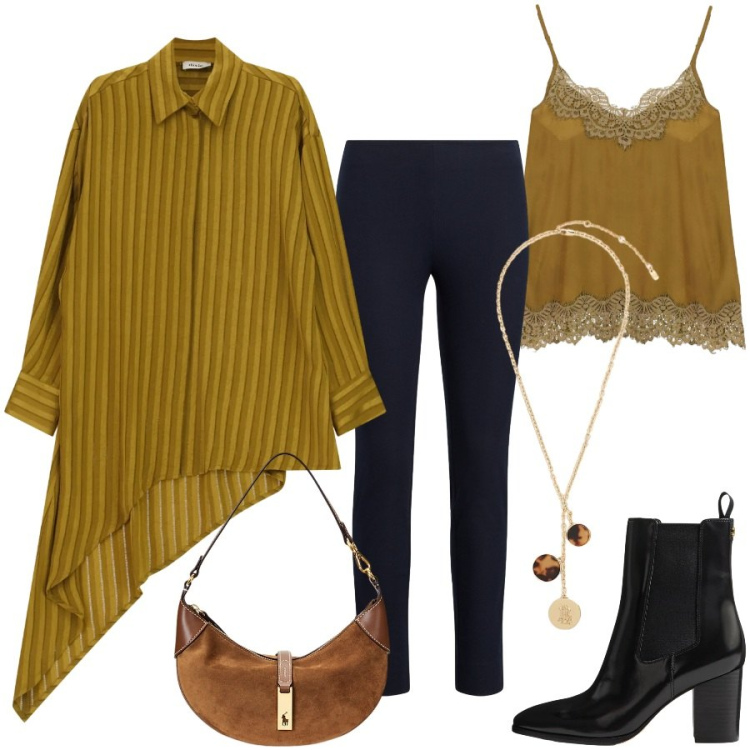 Outfit donna - Fall collection. Stile Casual chic per Tutti i giorni. Abbinamento con camicie, top, borse a spalla, pantaloni skinny, collane, stivaletti.