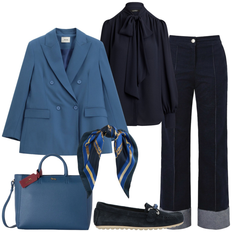Outfit donna - Casual chic ufficio tempo libero. Stile Casual chic per Tutti i giorni. Abbinamento con mocassini, borse a mano, blazer, pantaloni, foulard, bluse.