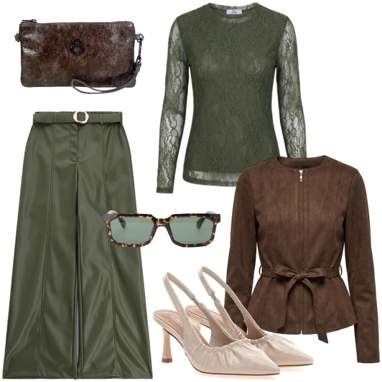 Outfit donna - Aspettando l\' autunno. Stile Chic per Tutti i giorni. Abbinamento con pantaloni, occhiali da sole, top, pochette, blazer, décolleté.