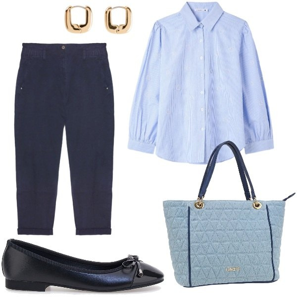 Outfit donna - Camicia con microrighe. Stile Chic per Ufficio. Abbinamento con orecchini, camicie, pantaloni, borse a spalla, ballerine.