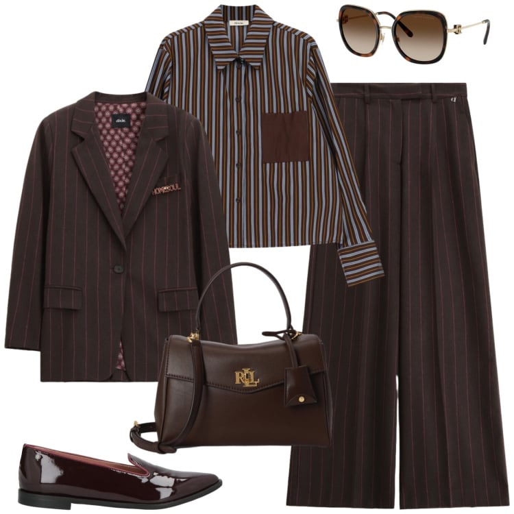 Outfit donna - Minimal chic tailleur gessato marrone. Stile Minimal per Ufficio. Abbinamento con mocassini, blazer, pantaloni a palazzo, camicie, borse a mano, occhiali da sole.