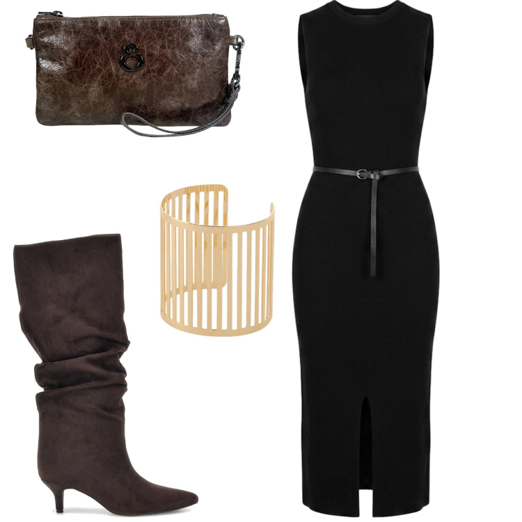 Outfit donna - Chocolat. Stile Urban per Tutti i giorni. Abbinamento con braccialetti, pochette, vestiti midi/longuette, stivali sopra il ginocchio.