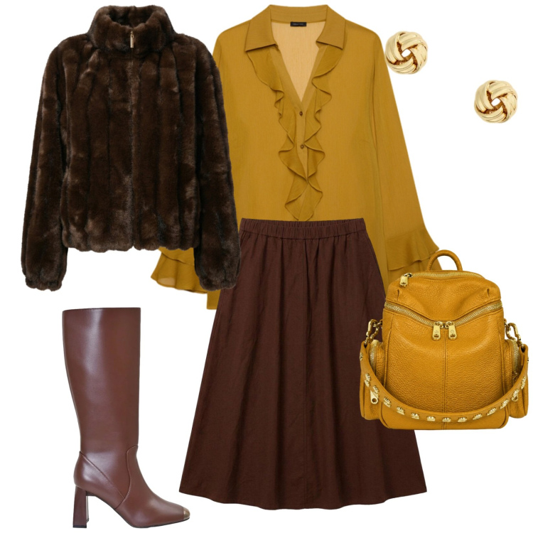 Outfit donna - Autunno. per Serata fuori. Abbinamento con gonne longuette, stivali sopra il ginocchio, bluse, zaini, blazer, orecchini.