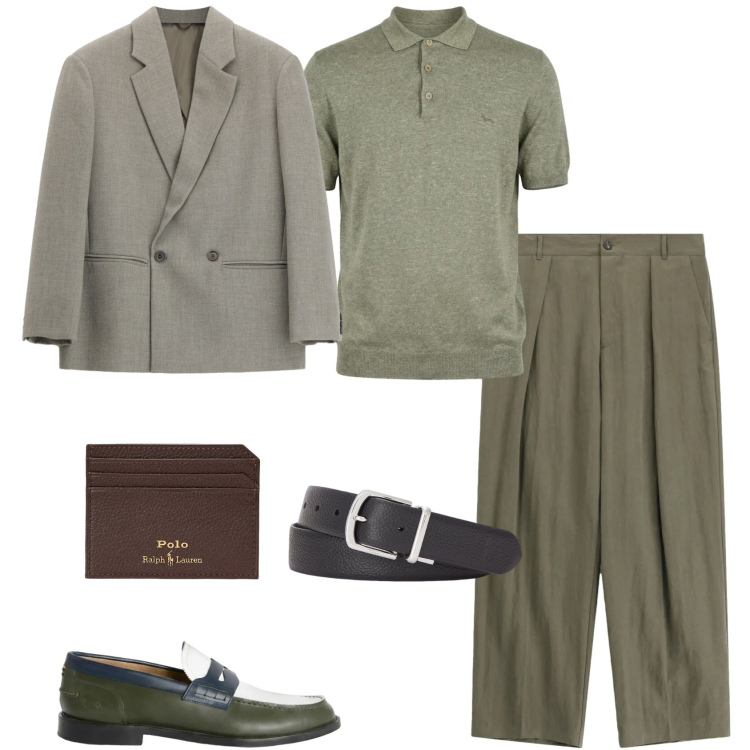 Outfit uomo - Blazer destrutturato e chino. Stile Business/Elegante per Ufficio. Abbinamento con polo, scarpe stringate, pantaloni, giacche, portafogli, cinture.