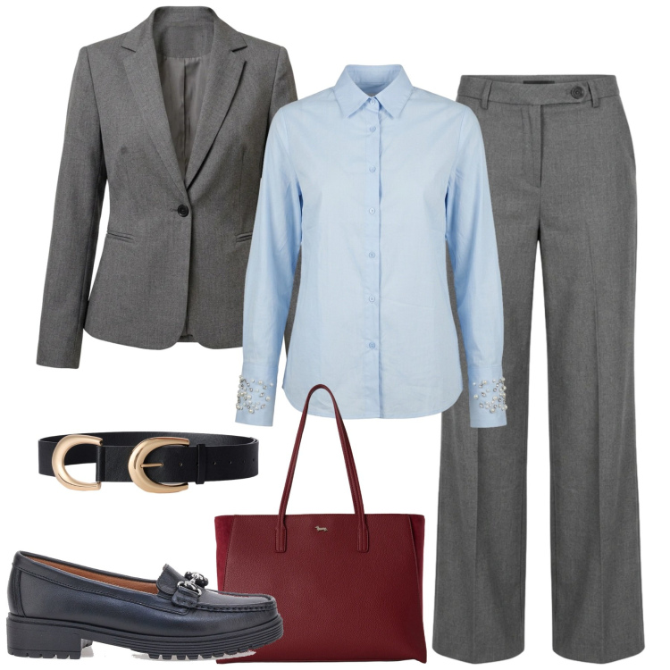 Outfit donna - In ufficio. Stile Mannish per Ufficio. Abbinamento con shopping bag, cinture, blazer, pantaloni a palazzo, camicie, mocassini.