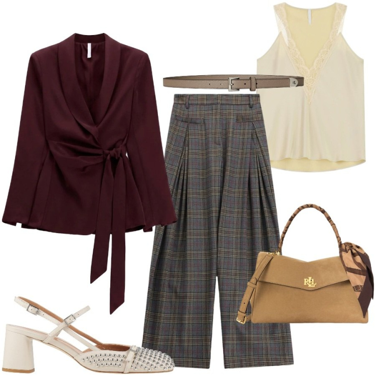 Outfit donna - Pranzo di lavoro. Stile Chic per Ufficio. Abbinamento con décolleté, canottiere, blazer, pantaloni a palazzo, cinture, borse a mano.