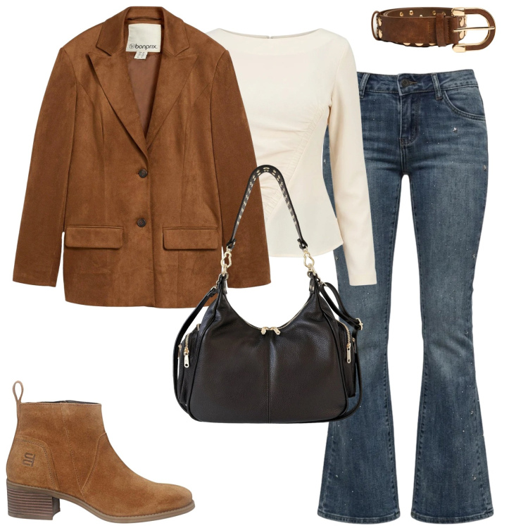 Outfit donna - City. Stile Casual chic per Tutti i giorni. Abbinamento con blazer, bluse, borse a spalla, jeans, cinture, stivaletti.