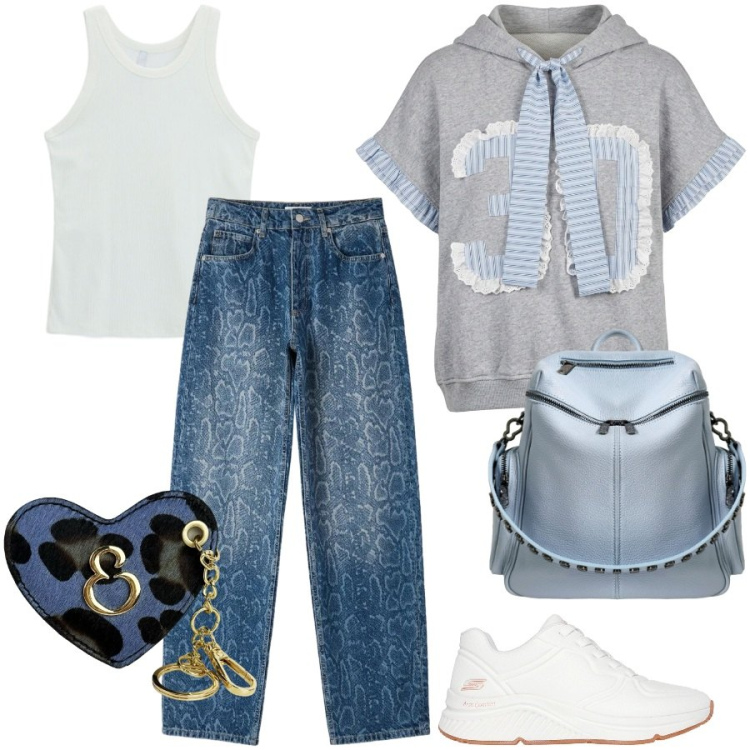 Outfit donna - Denim romantico. Stile Preppy per Scuola/Università. Abbinamento con canottiere, felpe con cappuccio, jeans dritti, portachiavi, zaini, sneakers.