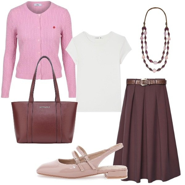 Outfit donna - Rosa e bordeaux. Stile Chic per Ufficio. Abbinamento con gonne lunghe, t-shirt, cardigans, collane, ballerine, shopping bag.