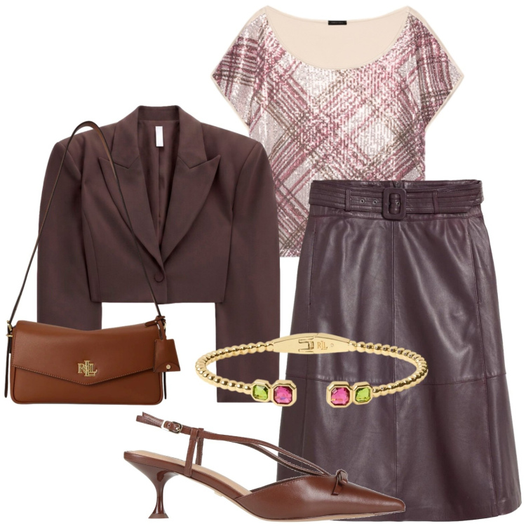 Outfit donna - Elegante di città. Stile Chic per Tutti i giorni. Abbinamento con décolleté, gonne, blazer, t-shirt, borse a spalla, braccialetti.