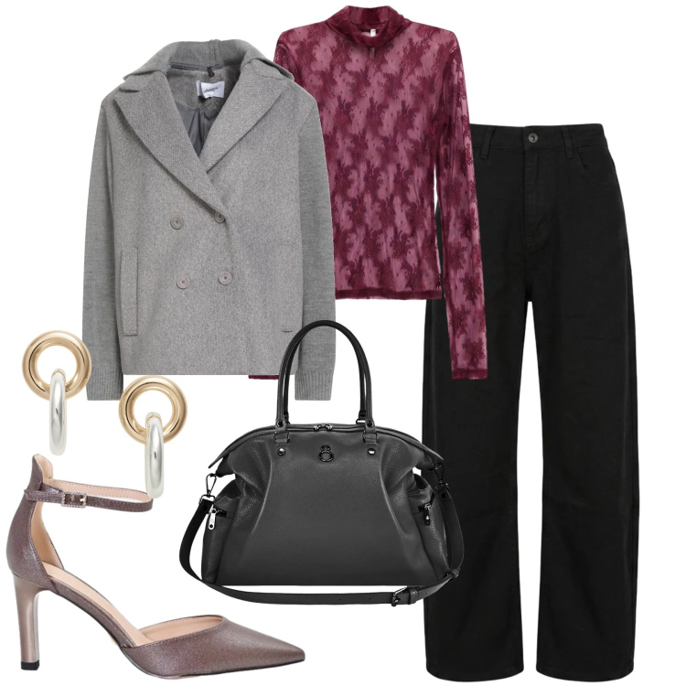 Outfit donna - City. Stile Casual chic per Tutti i giorni. Abbinamento con caban, t-shirt, décolleté, shopping bag, jeans, orecchini.