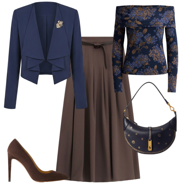 Outfit donna - Chic ufficio tempo libero. Stile Chic per Ufficio. Abbinamento con gonne lunghe, blazer, borse a spalla, décolleté, top.