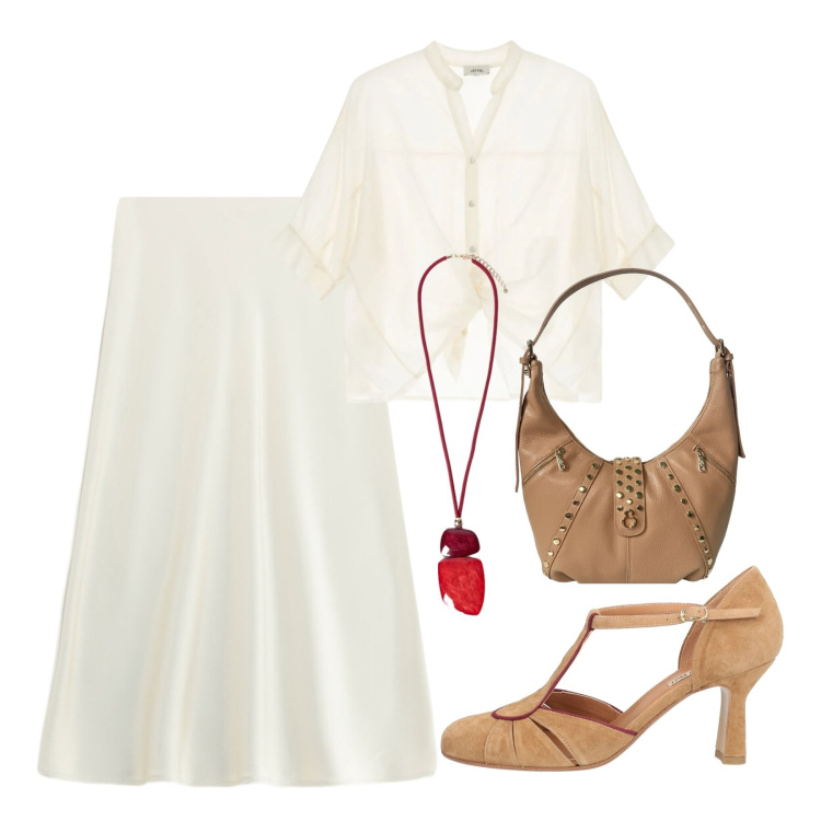 Outfit donna - Color avorio elegante. Stile Trendy per Ufficio. Abbinamento con décolleté, gonne longuette, camicie a manica corta, ciondoli, borse a spalla.