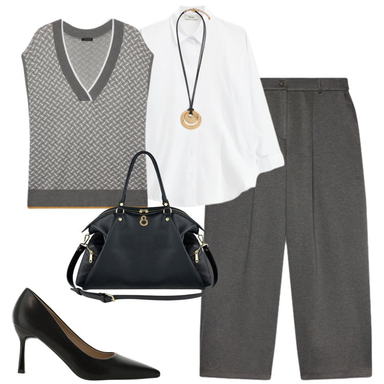 Outfit donna - City. Stile Urban per Tutti i giorni. Abbinamento con décolleté, camicie, ciondoli, pantaloni, maglieria, shopping bag.