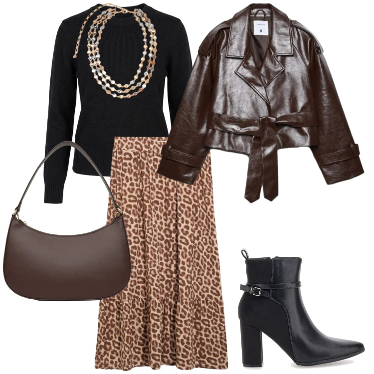 Outfit donna - Gonna Leopard. per Tutti i giorni. Abbinamento con gonne longuette, trench, borse a tracolla, collane, maglieria, stivaletti.