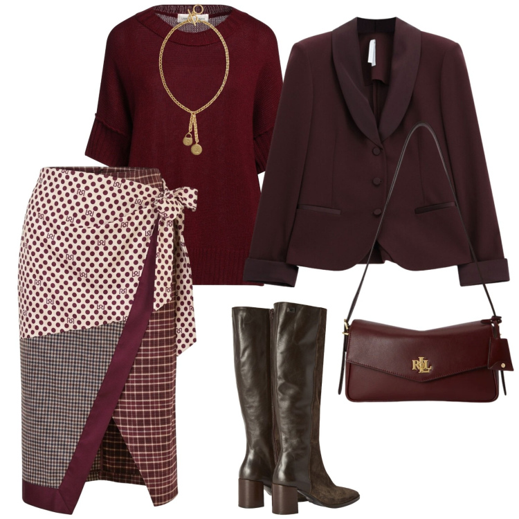 Outfit donna - Ottobre. per Tutti i giorni. Abbinamento con pullovers, stivali, blazer, gonne longuette, borse a spalla, ciondoli.