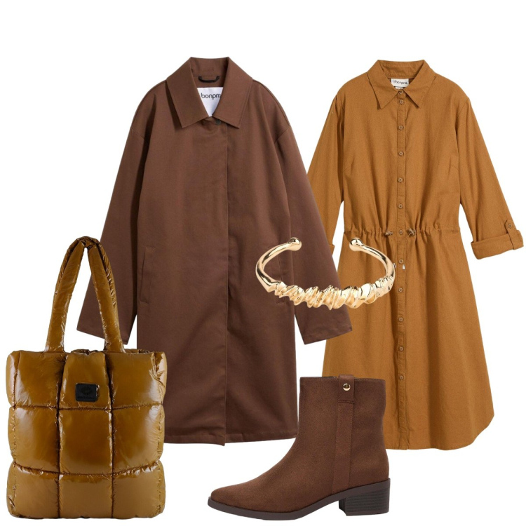 Outfit donna - Stile Urban in tonalità calde. Stile Urban per Serata fuori. Abbinamento con trench, vestiti chemisier, braccialetti, stivaletti, shopping bag.
