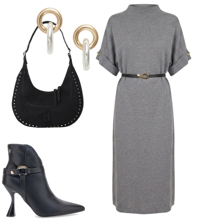 Outfit donna - Fall. Stile Urban per Tutti i giorni. Abbinamento con borse a spalla, vestiti midi/longuette, orecchini, stivaletti.