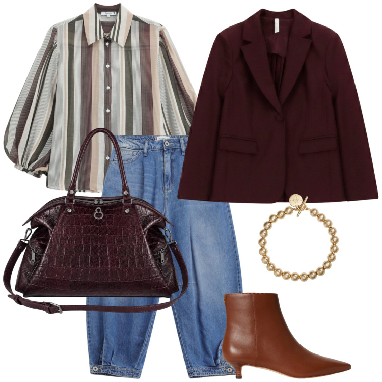 Outfit donna - Denim. per Ufficio. Abbinamento con blazer, camicie, jeans, shopping bag, stivaletti, braccialetti.