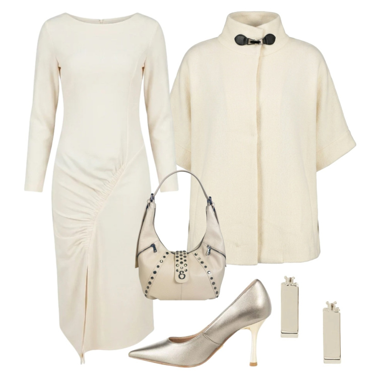 Outfit donna - Luminosa ed elegante. Stile Chic per Cerimonia. Abbinamento con vestiti midi/longuette, décolleté, borse a spalla, cappe, orecchini.