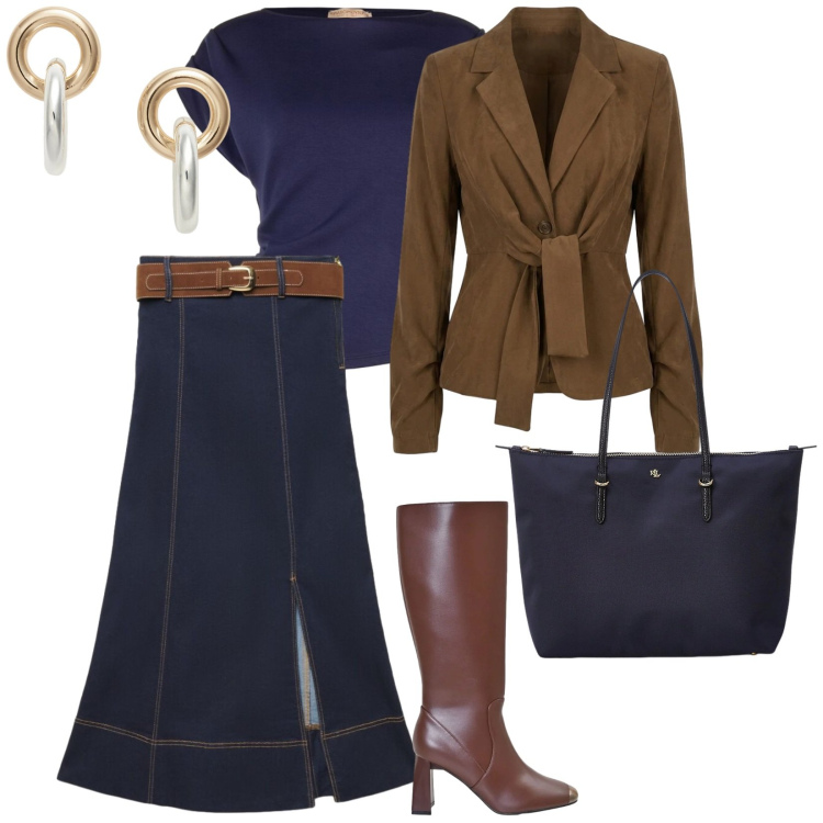 Outfit donna - Blu autunno. per Tutti i giorni. Abbinamento con gonne lunghe, stivali sopra il ginocchio, top, blazer, borse tote, orecchini.