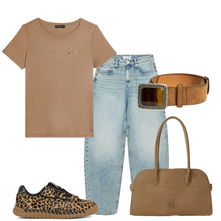 Outfit donna - La scarpa animalier. Stile Basic per Tutti i giorni. Abbinamento con borse a spalla, jeans, t-shirt, cinture, sneakers.