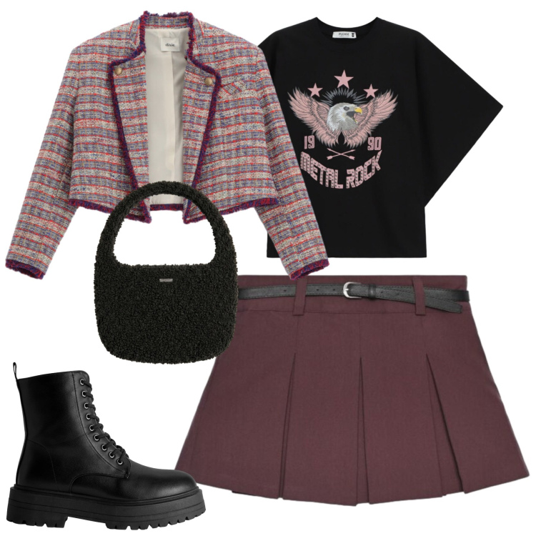 Outfit donna - Tokyo kawaii. Stile Urban per Tutti i giorni. Abbinamento con blazer, anfibi, minigonne, t-shirt, borse a mano.