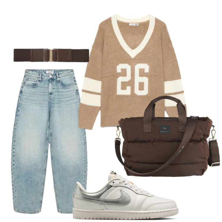 Outfit donna - Total look #2466354. Stile Urban per Scuola/Università. Abbinamento con jeans, cinture, t-shirt sportive, borse tote, sneakers.
