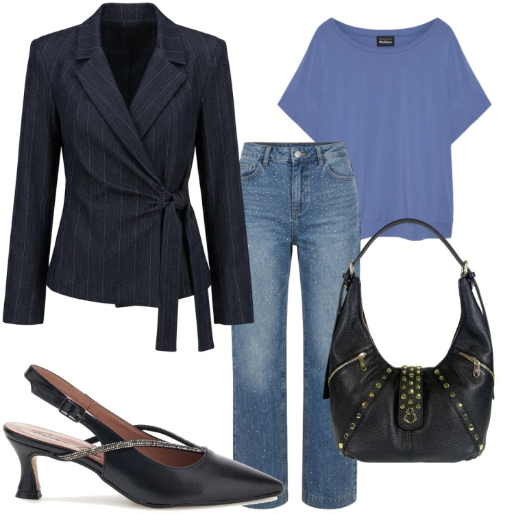Outfit donna - Back to office. Stile Casual chic per Ufficio. Abbinamento con t-shirt, borse a spalla, blazer, jeans, décolleté.