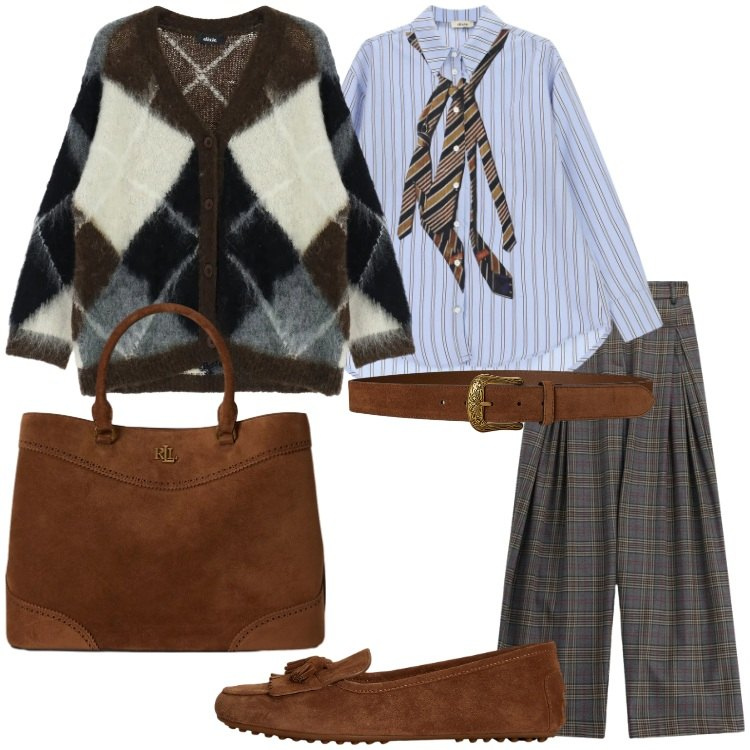 Outfit donna - Fall Collections. Stile Preppy per Ufficio. Abbinamento con pantaloni a palazzo, cardigans, camicie, mocassini, borse a mano, cinture.