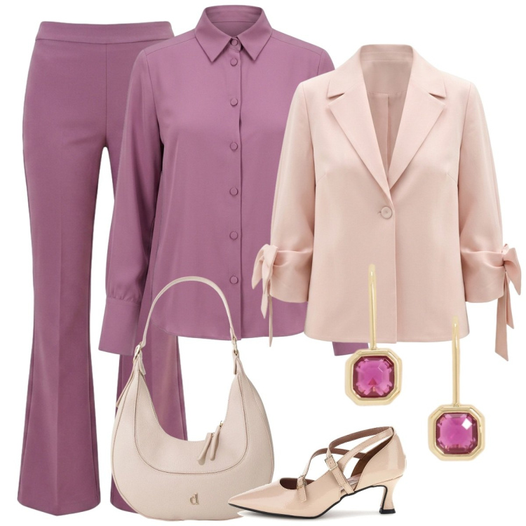 Outfit donna - Cerimonia di settembre. Stile Chic per Cerimonia. Abbinamento con borse a tracolla, camicie, blazer, pantaloni, orecchini, décolleté.