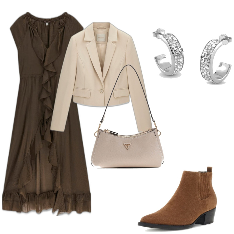 Outfit mujer - Bon Ton #3129. Estilo Bon Ton para Todos los días. Combinación con blazers, botas, vestidos largos, bolsos de hombro, pendientes.