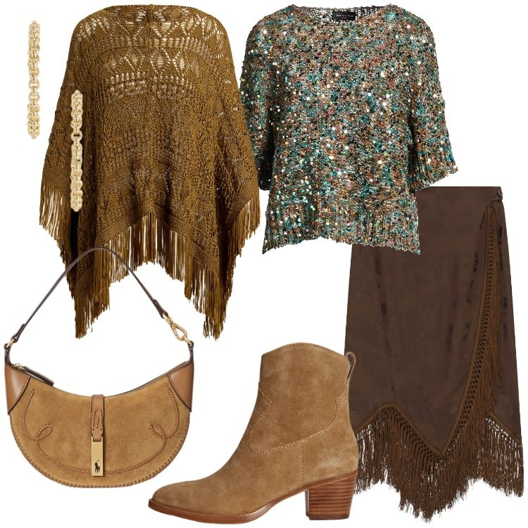 Outfit donna - Autunno Boho. Stile Boho per Serata fuori. Abbinamento con pullovers, gonne longuette, borse a spalla, stivaletti, cappotti, orecchini.