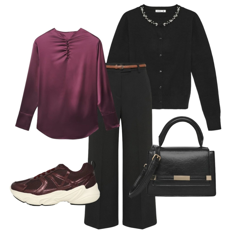 Outfit donna - Total look #2466372. Stile Chic per Tutti i giorni. Abbinamento con pantaloni, bluse, cardigans, borse a spalla, sneakers.