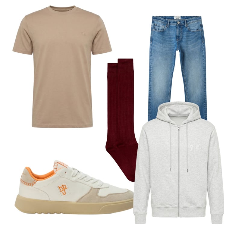 Outfit uomo - Smart casual. Stile Casual per Ufficio. Abbinamento con t-shirt, sneakers, felpe con cappuccio, jeans, calzini.
