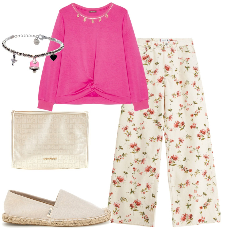 Outfit donna - Tempo libero. Stile Casual per Tutti i giorni. Abbinamento con pantaloni a palazzo, braccialetti, felpe, pochette, espadrillas.