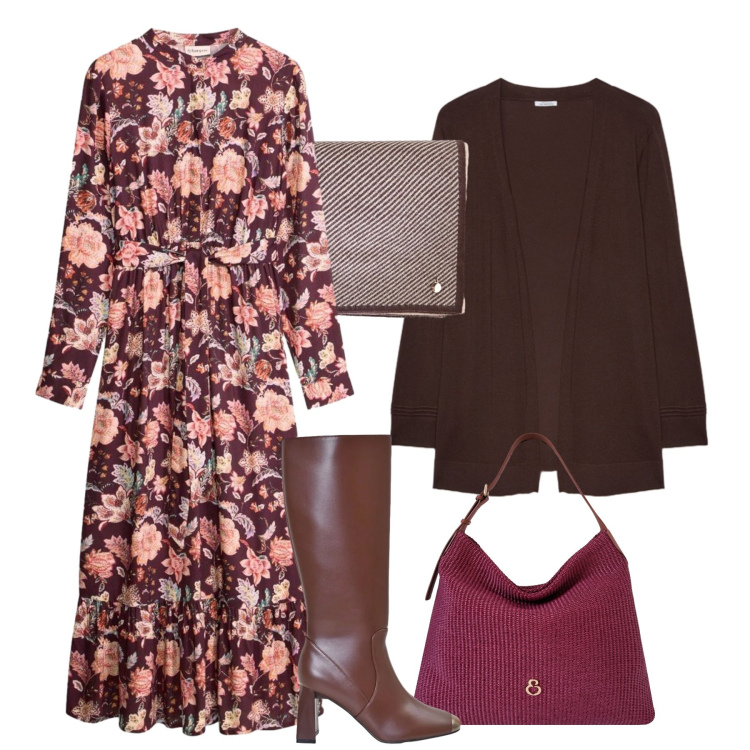 Outfit donna - Eleganza quotidiana. Stile Glamour per Tutti i giorni. Abbinamento con vestiti lunghi, stivali sopra il ginocchio, sciarpe, cardigans, borse a spalla.
