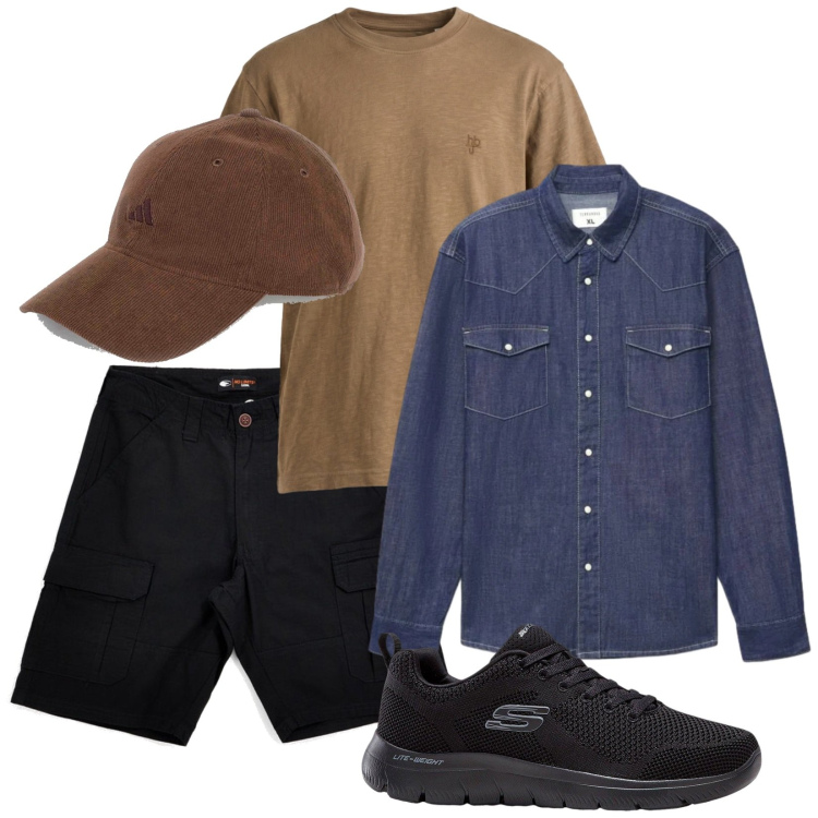 Outfit uomo - Total look #2466386. Stile Urban per Tutti i giorni. Abbinamento con sneakers, t-shirt, camicie, cappelli con visiera, bermuda.