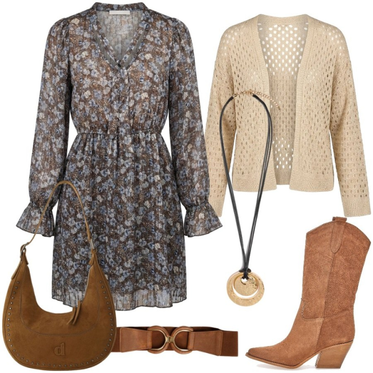 Outfit donna - Il vestito romantico. Stile Boho per Tutti i giorni. Abbinamento con borse a spalla, ciondoli, vestiti corti, cardigans, cinture, stivaletti texani.