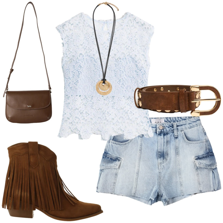 Outfit donna - Settembre estivo. Stile Casual per Tutti i giorni. Abbinamento con canottiere, borse a tracolla, stivaletti texani, shorts, ciondoli, cinture.