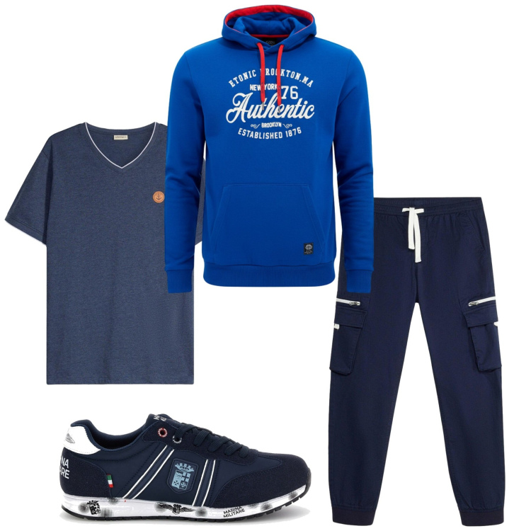 Outfit uomo - Total look #2466400. Stile Urban per Sport. Abbinamento con pantaloni, t-shirt, felpe con cappuccio, sneakers.