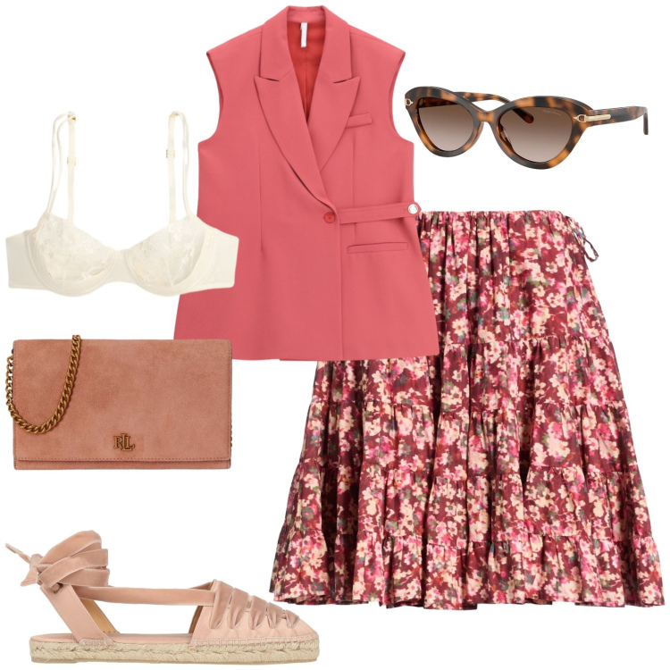 Outfit donna - Caldo in settembre. Stile Casual per Tutti i giorni. Abbinamento con minigonne, espadrillas, gilet, occhiali da sole, borse a tracolla, reggiseni.