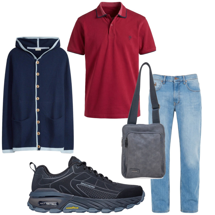 Outfit uomo - Total look #2466407. Stile Urban per Tutti i giorni. Abbinamento con cardigans, jeans, polo, portafogli, sneakers.